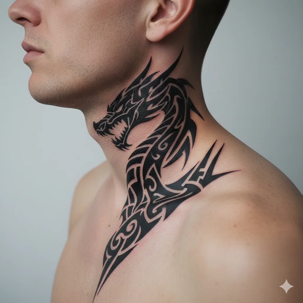 dragon neck tattoo for men in bold tribal black ink style