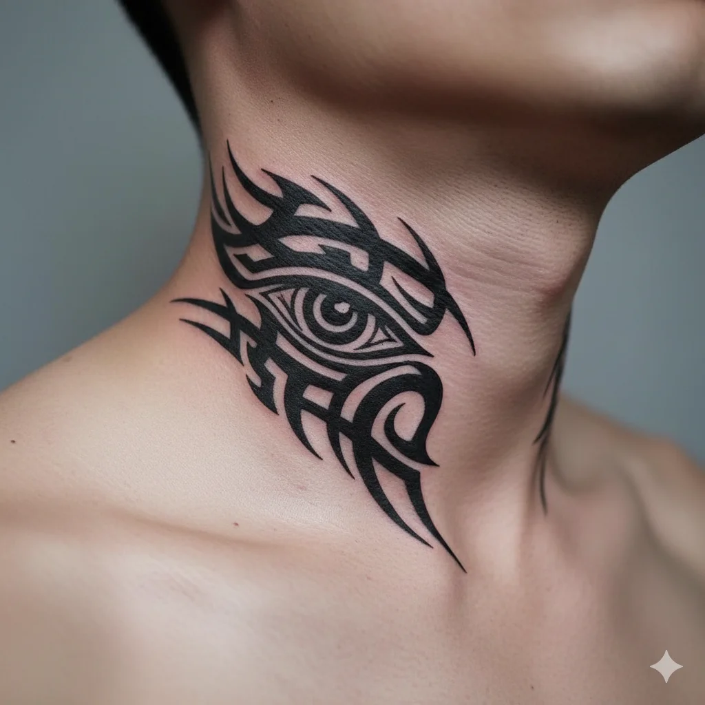 tribal evil eye neck tattoo men