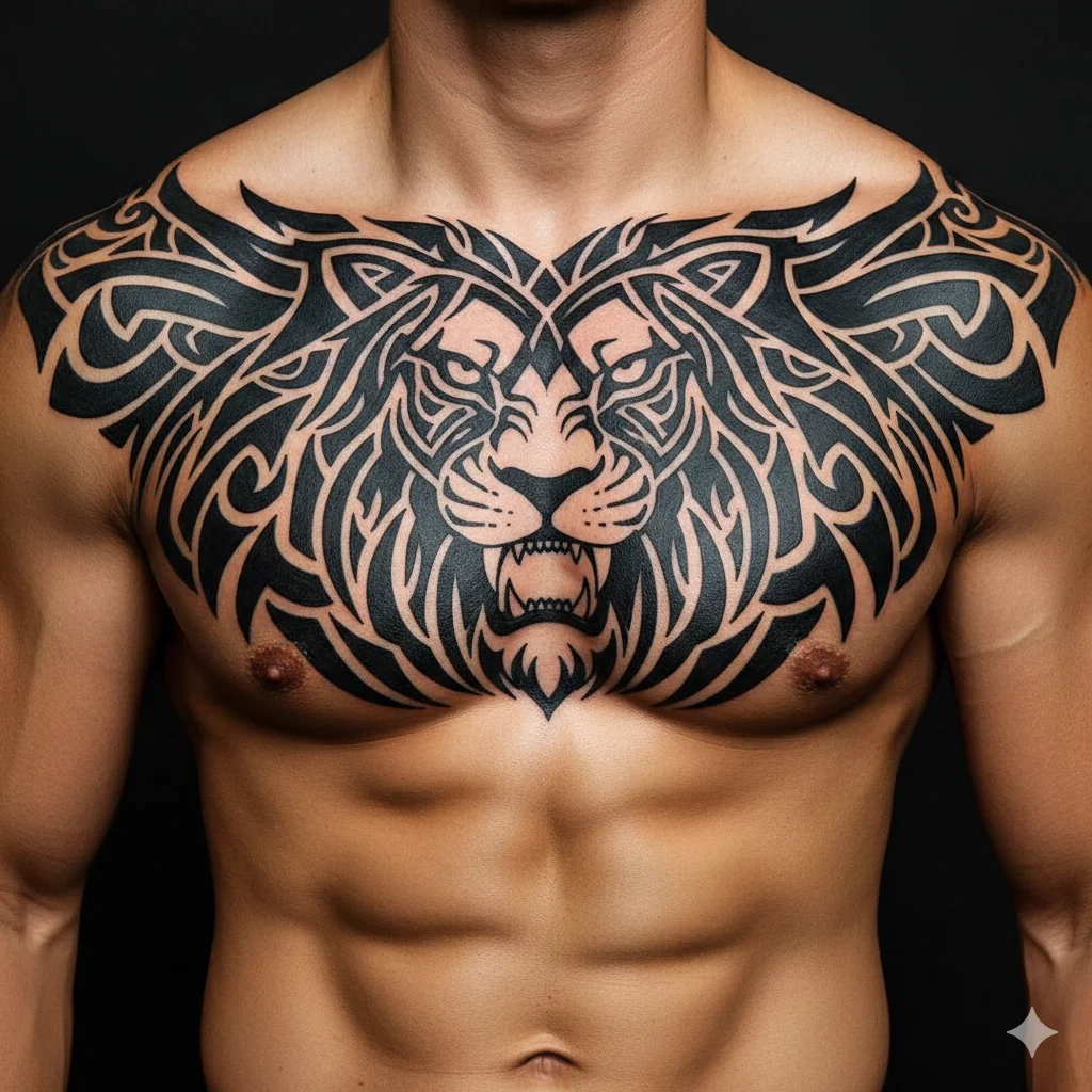 tribal lion chest tattoo bold black masculine design