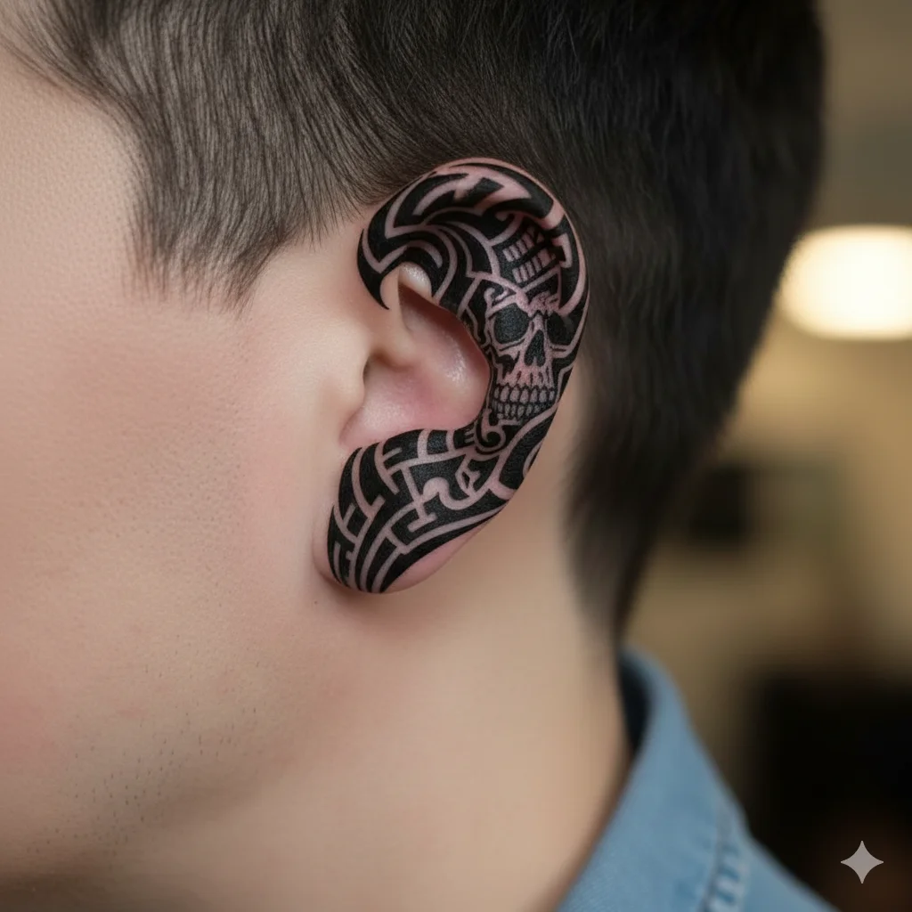 Black tribal design forming a stylized skull shape