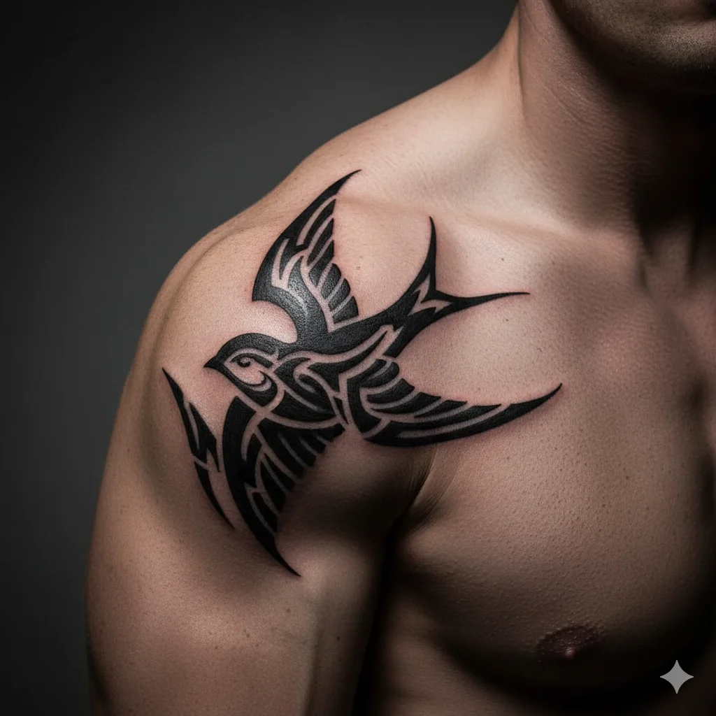 tribal swallow shoulder tattoo men