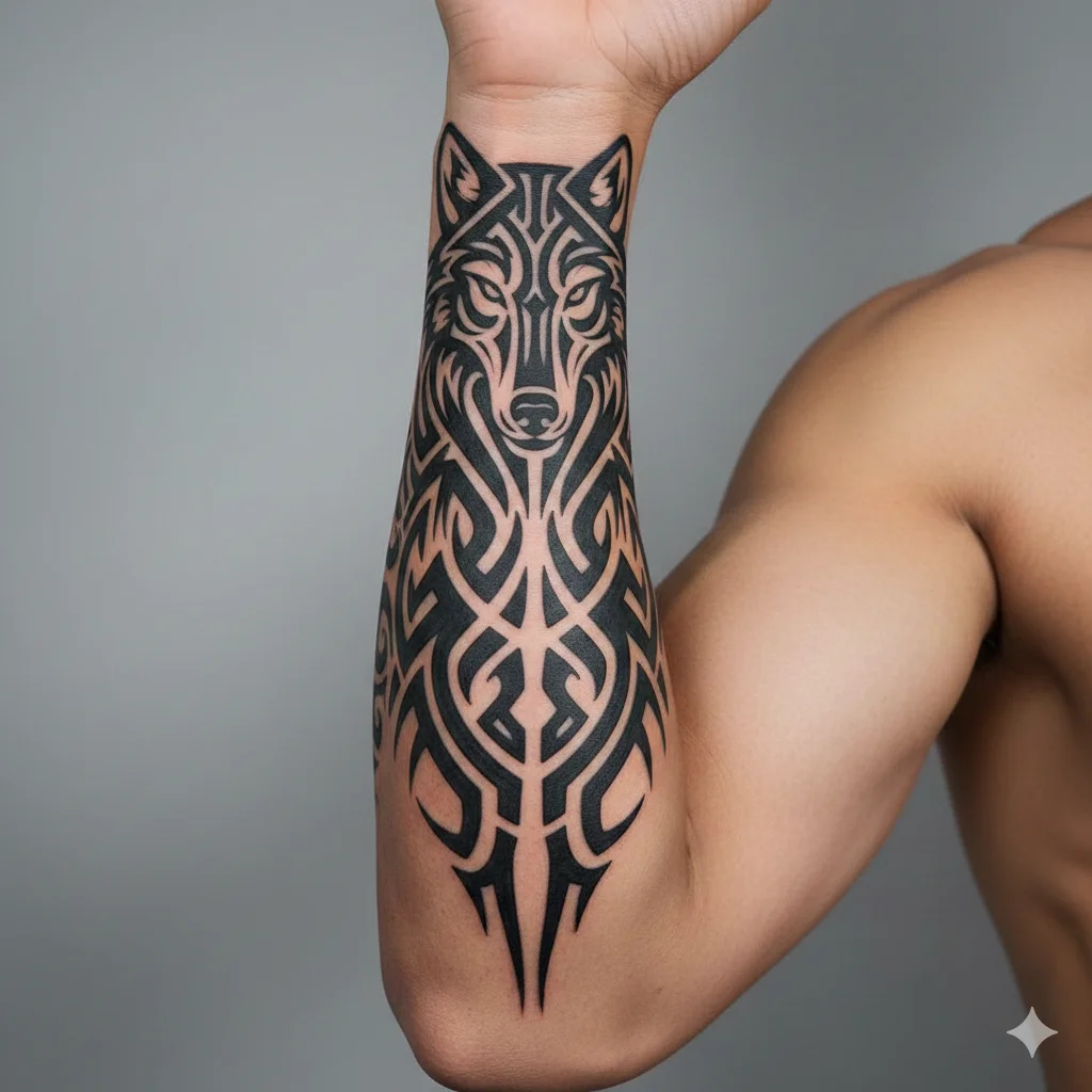 tribal wolf forearm tattoo design