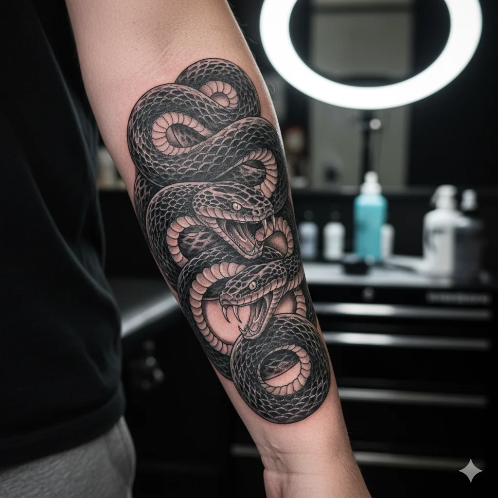 Twin snakes forearm tattoo