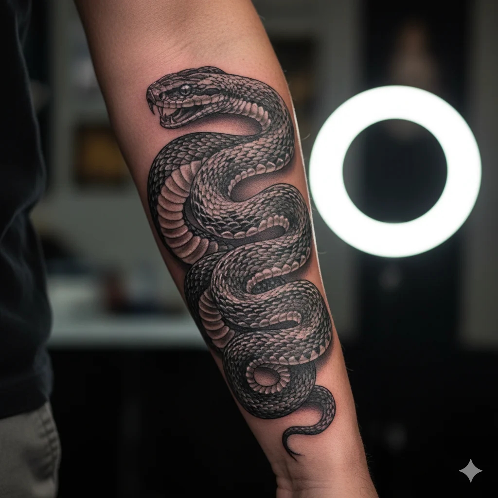 Vertical snake forearm tattoo