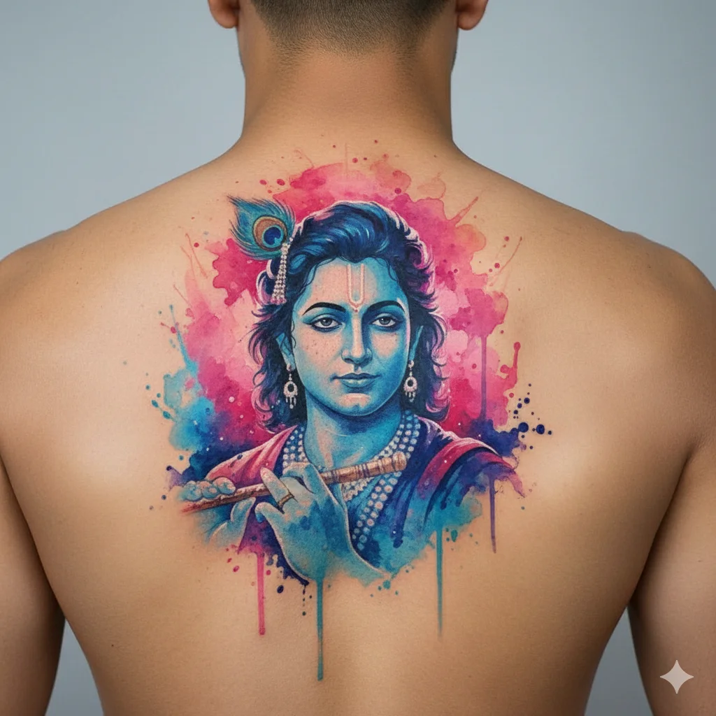 Watercolor Krishna tattoo for men shoulder colorful spiritual ink design Krishna tattoos for men