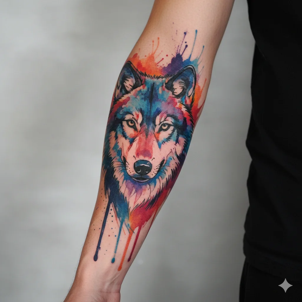 watercolor wolf forearm tattoo