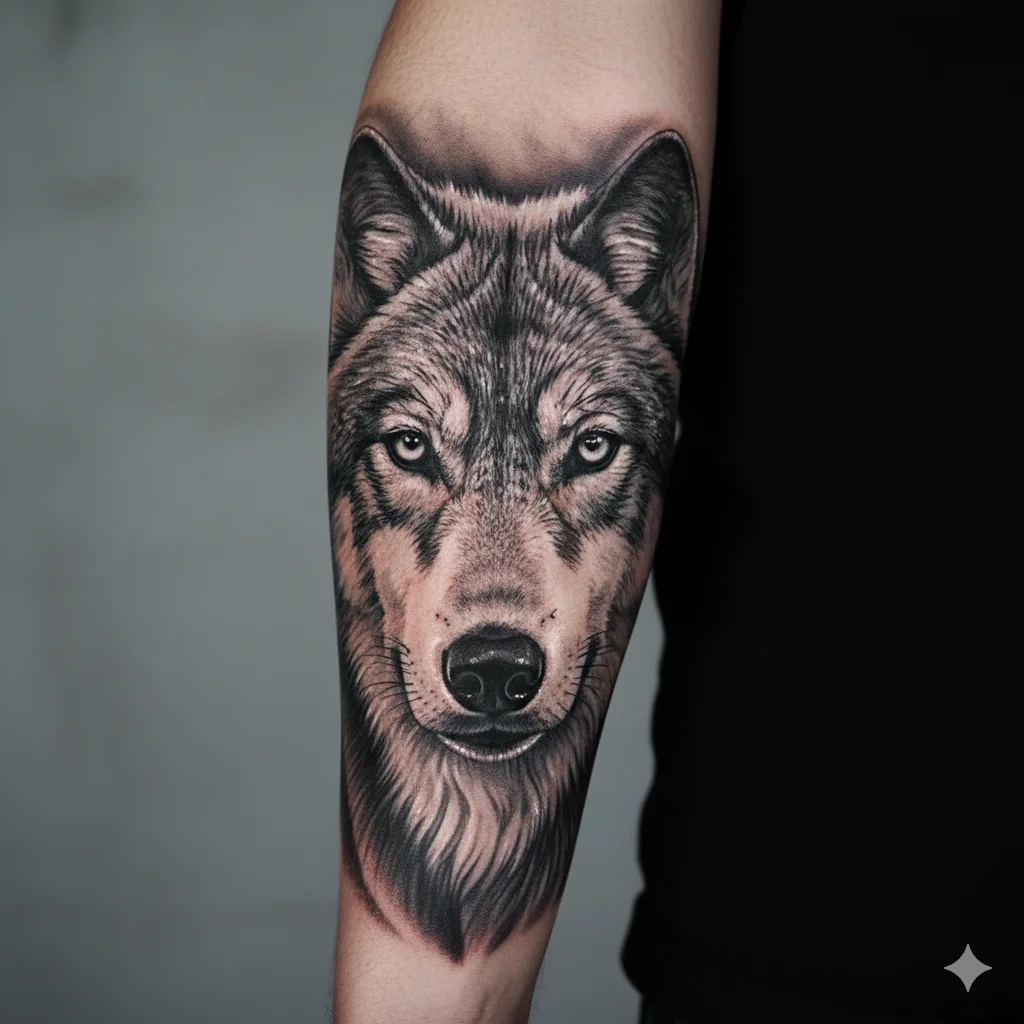 wolf head forearm tattoo men