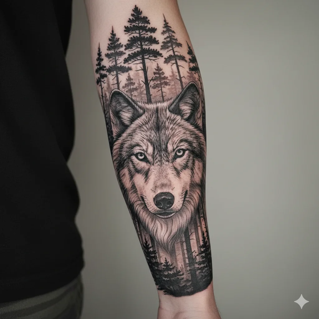 wolf and moon forearm tattoo design