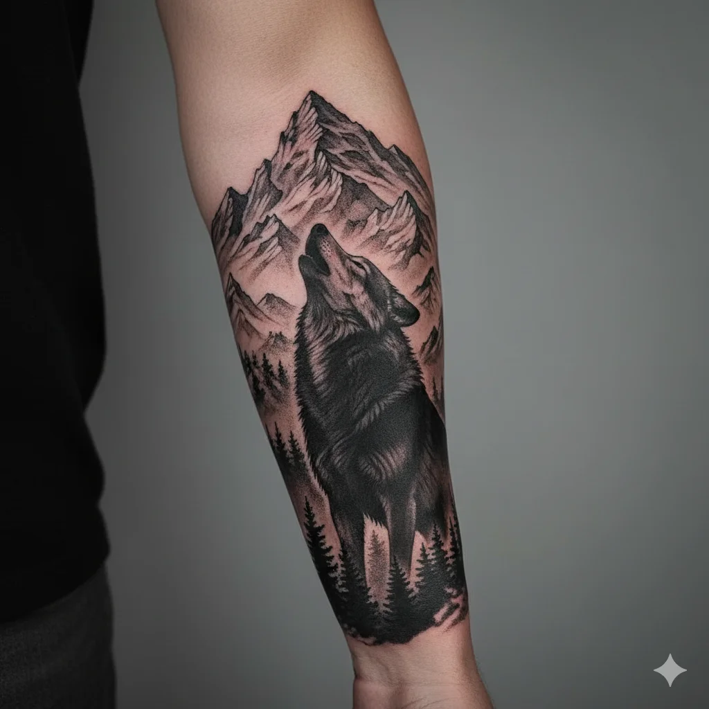 wolf mountain forearm tattoo