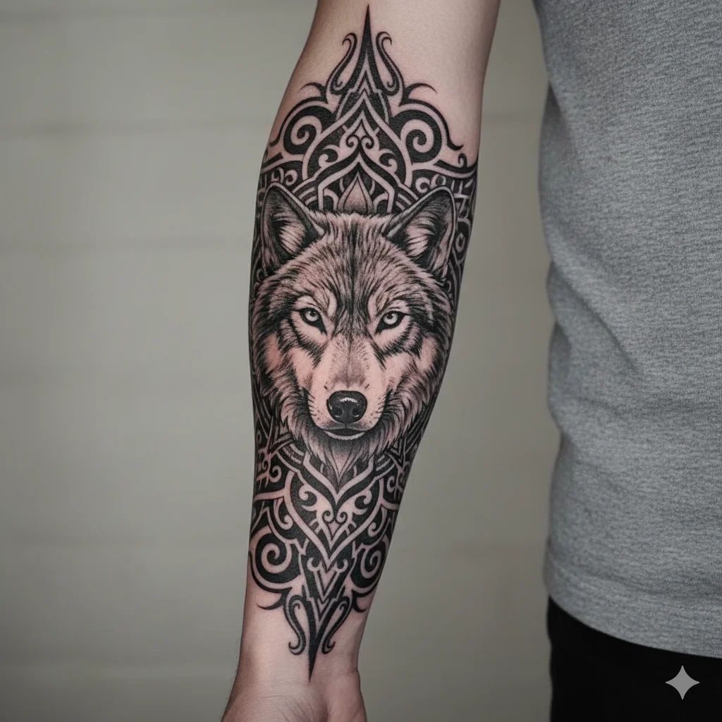 wolf mandala forearm tattoo
