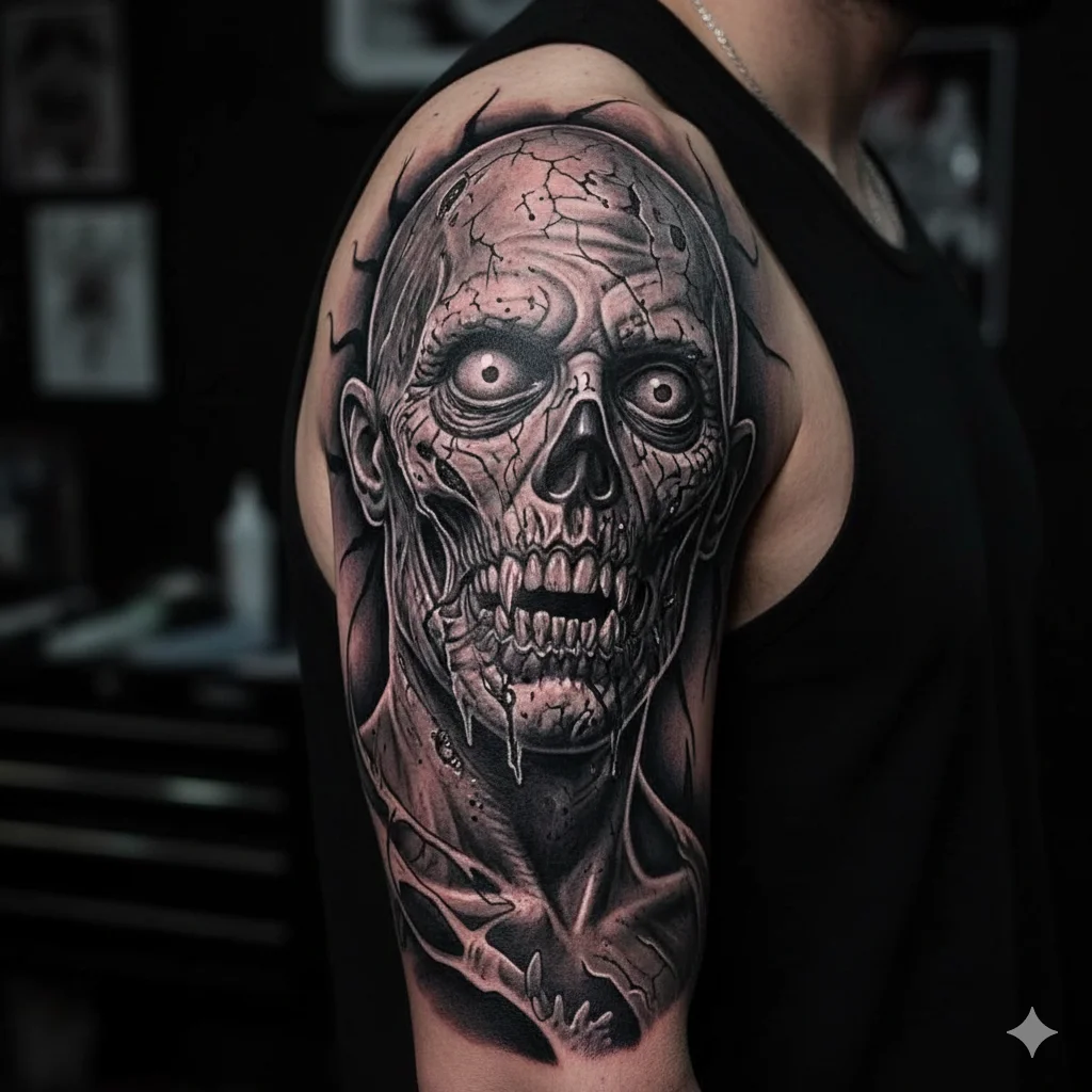 zombie face tattoo for men realistic undead horror tattoo