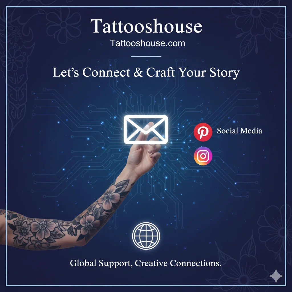 Tattooshouse.com Contact Us banner showing a person reaching out via email with Pinterest and Instagram icons, tattoo-themed background