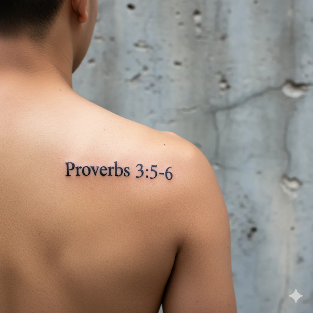 Proverbs 3:5-6 shoulder blade tattoo for men in classic serif typography symbolizing trust in the Lord.