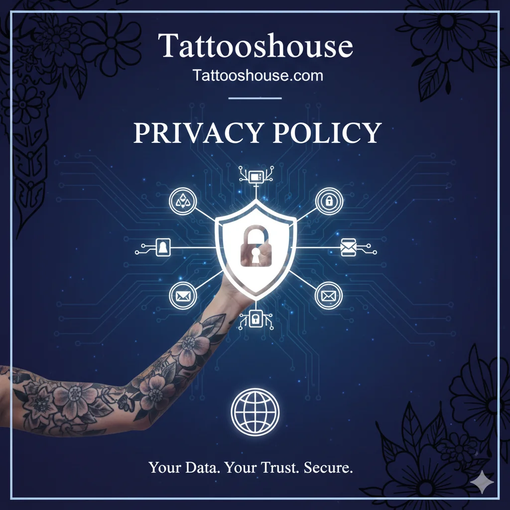Tattooshouse.com Privacy Policy banner showing website name, domain, digital security icons, shield symbol, and abstract tattoo designs