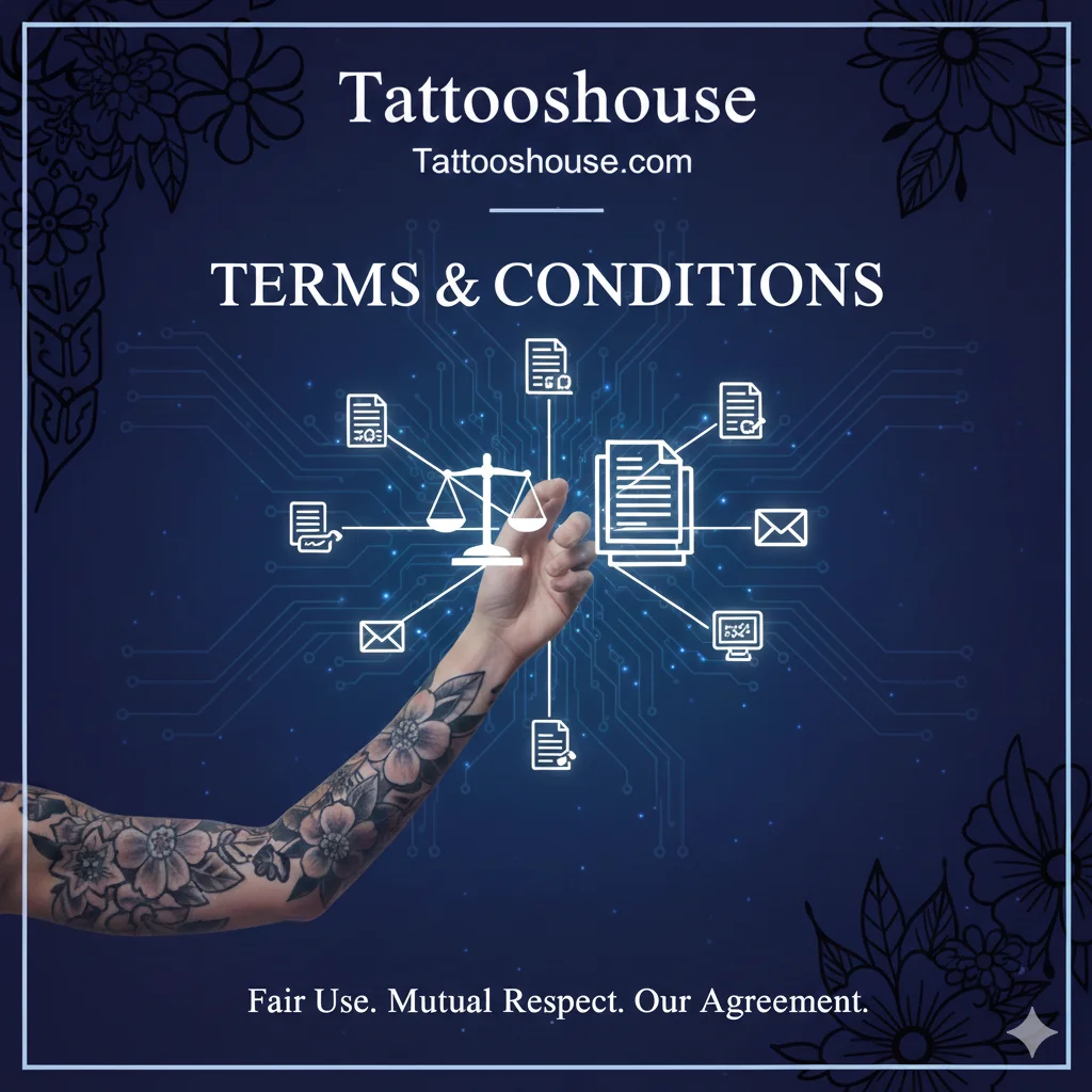 Tattooshouse.com Terms and Conditions banner showing website name, domain, legal scales, documents, and abstract tattoo designs