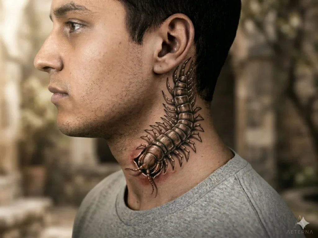 3D realistic centipede crawling neck tattoo
