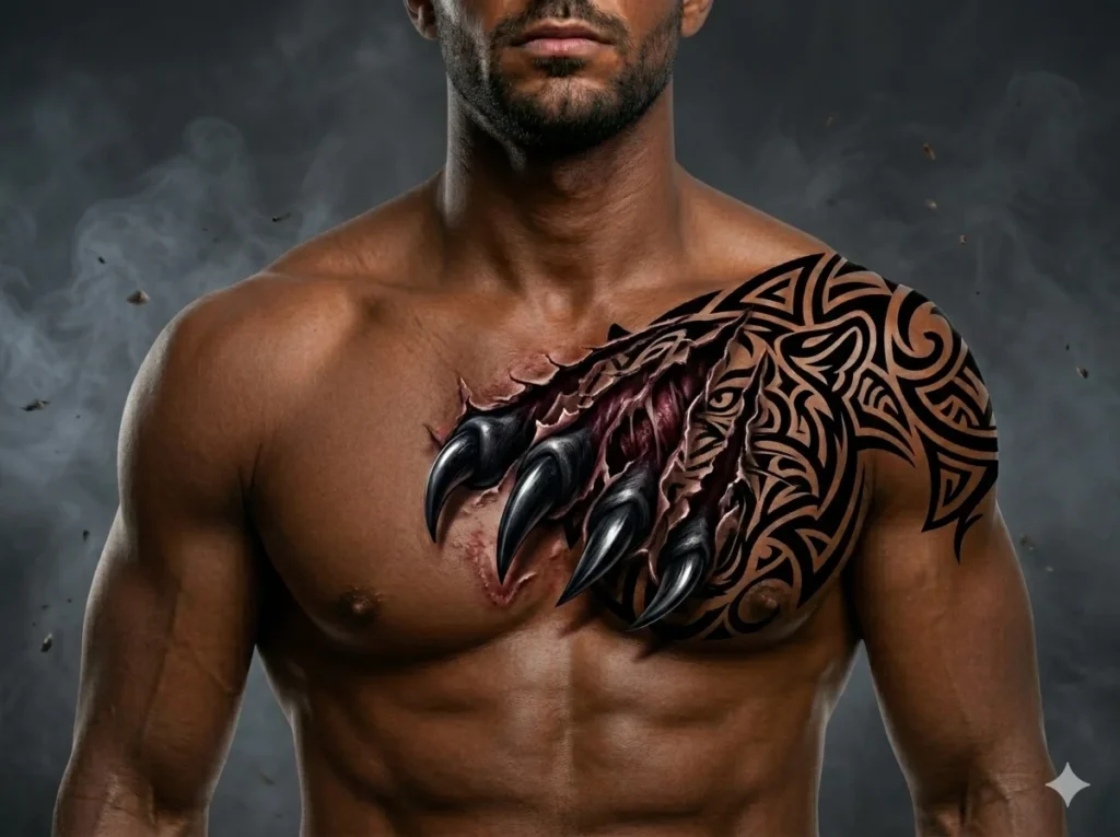 3D panther claw ripping through male chest tattoo