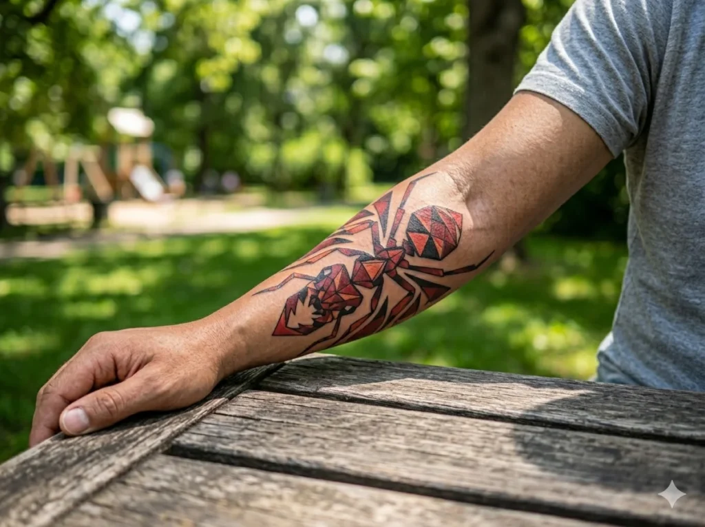 hyper realistic 3D fire ant tattoo appearing to crawl across the forearm of a man with tan skin tone featuring detailed insect legs and shadow effect