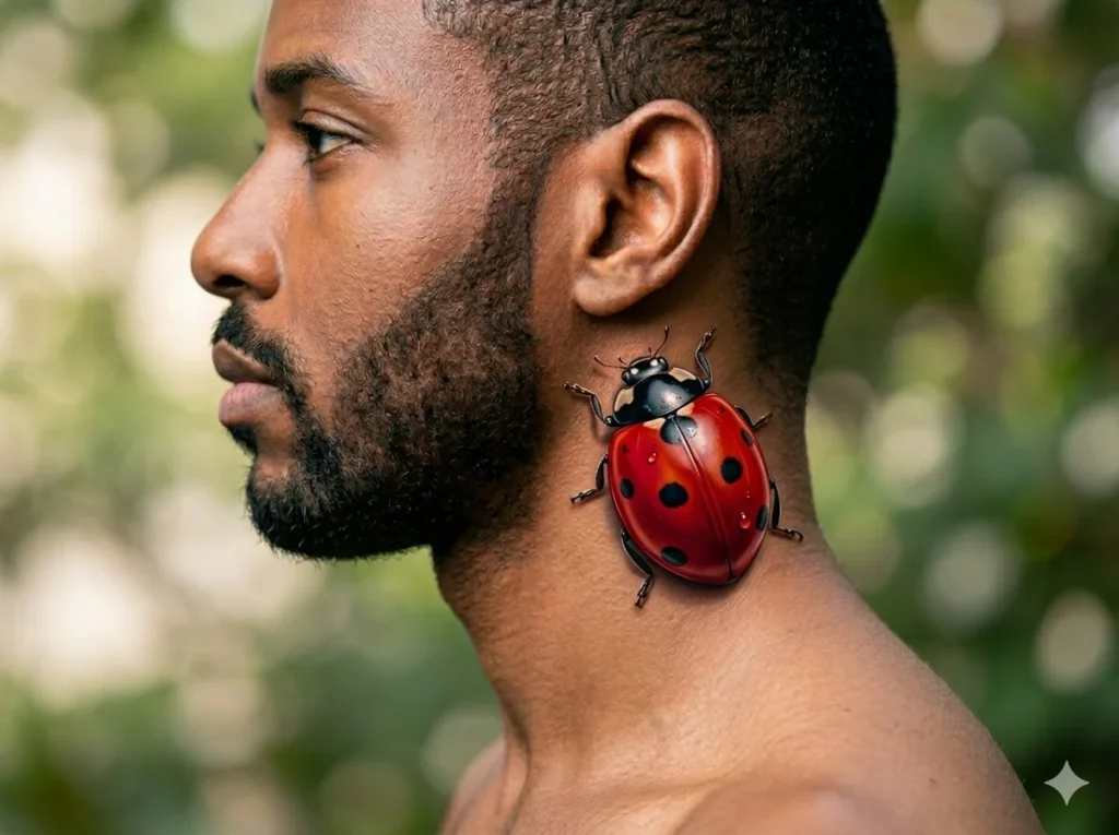 hyper realistic 3D ladybug tattoo appearing to crawl on the side of a man's neck with red wings and black spots on light tan skin tone
