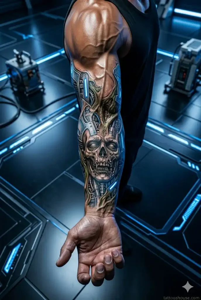 Bio-mechanical zombie cyborg tattoos for men on ripped tan arm with blue silver metallic parts by tattooshouse.com