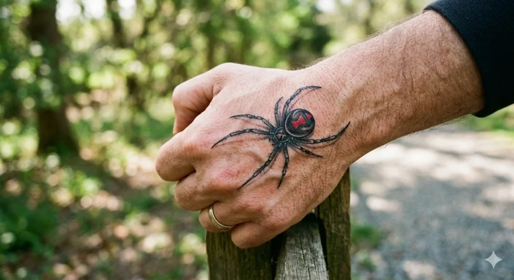 Black Widow Spider Hand Tattoo