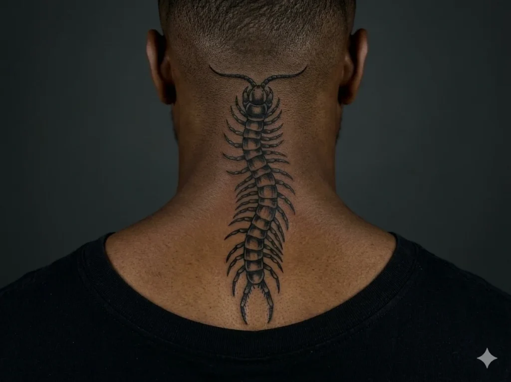 bold blackwork centipede tattoo on back of neck men