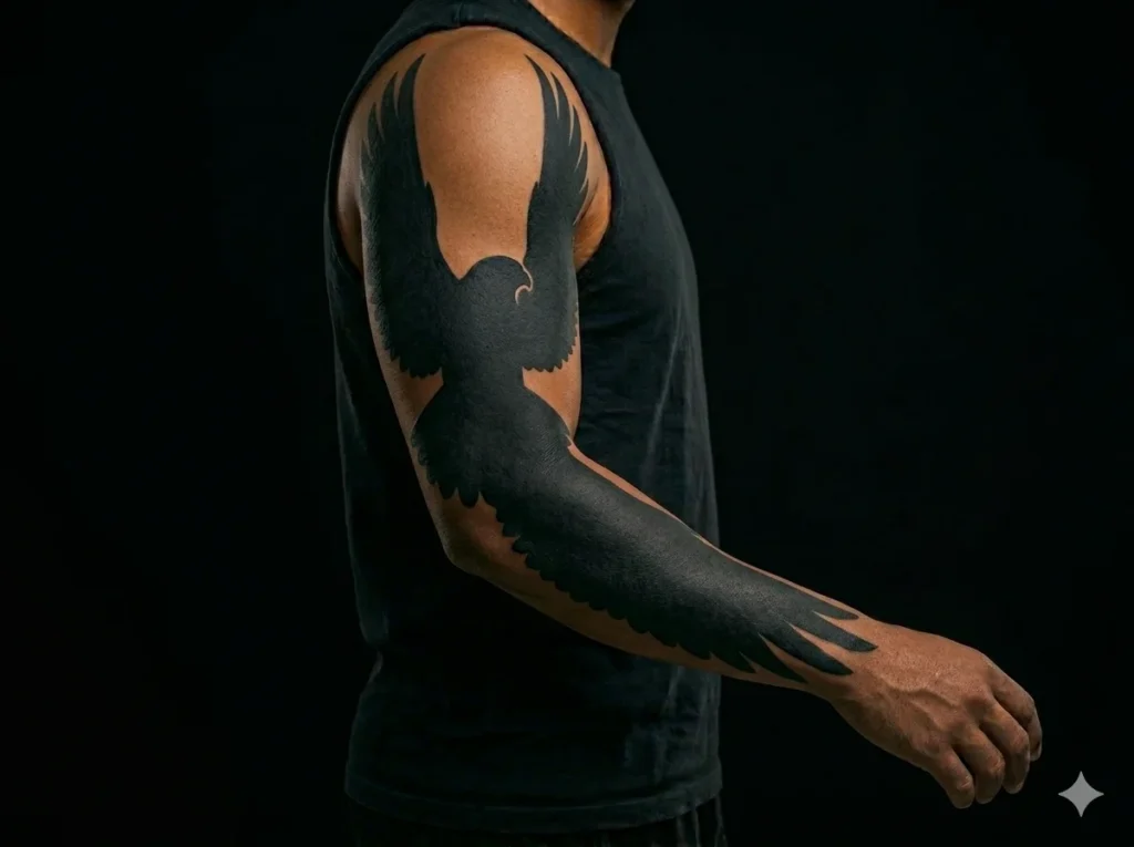 bold black silhouette Falcon Tattoos for Men Sleeve