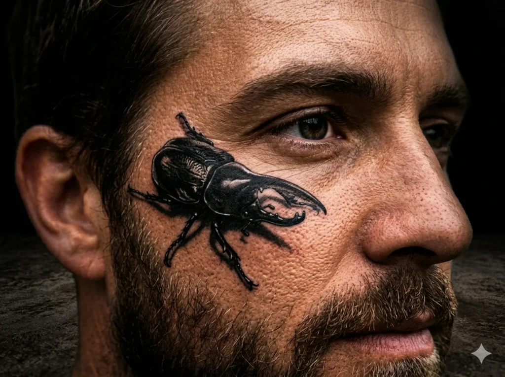 bold blackwork Hercules beetle tattoo with solid black ink shading placed below the eye on the cheekbone of a man with brown skin tone