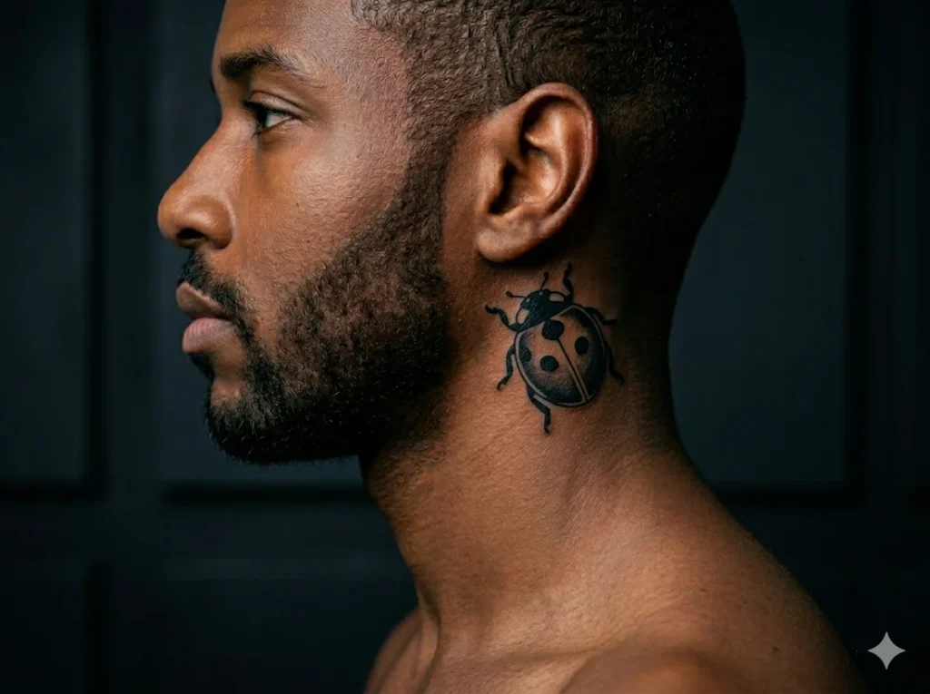 bold blackwork ladybug tattoo with strong black shading placed on the lower neck near the collarbone on tan skin tone male