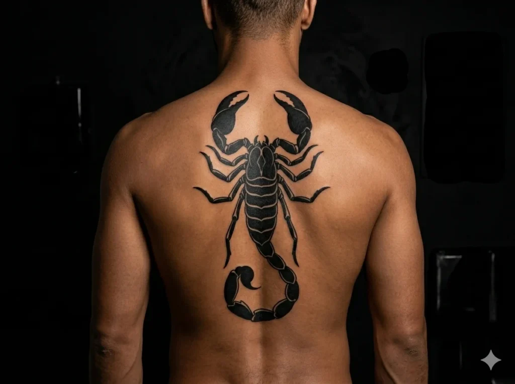 blackwork scorpion tattoo along spine