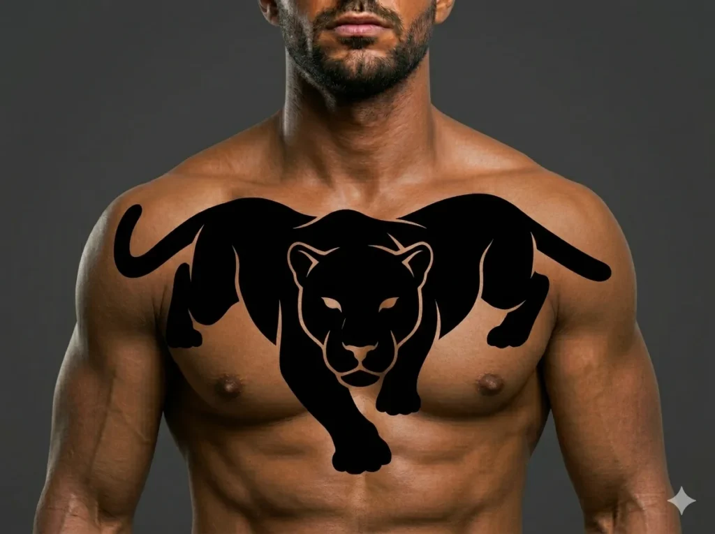 bold black silhouette panther tattoo across upper chest