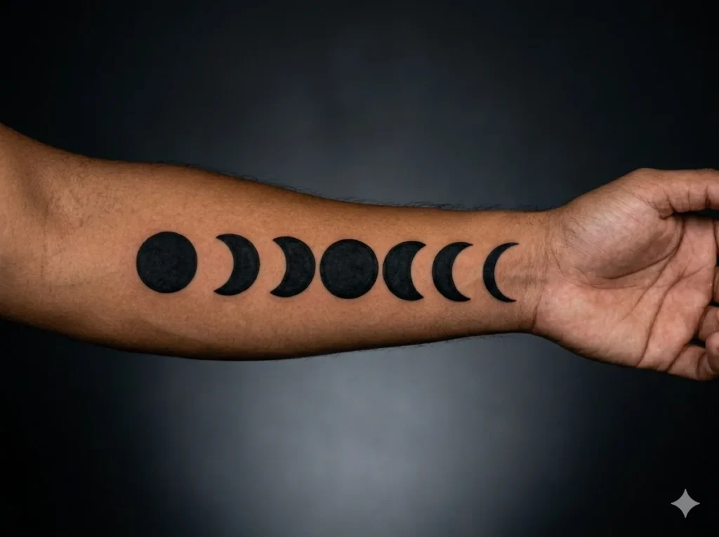 Bold black shaded horizontal moon phases tattoo across outer forearm of a man