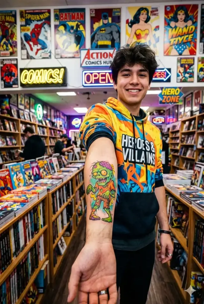 Cartoon zombie tattoos for men on youthful light tan arm with bright green orange colors by tattooshouse.com
