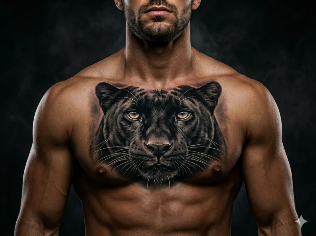 realistic black panther head tattoo centered on male chest