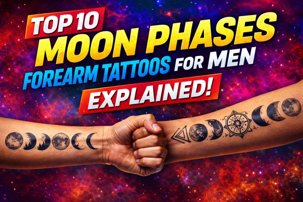 Promotional thumbnail image featuring two horizontal moon phases forearm tattoos for men with bold modern typography and contrasting background