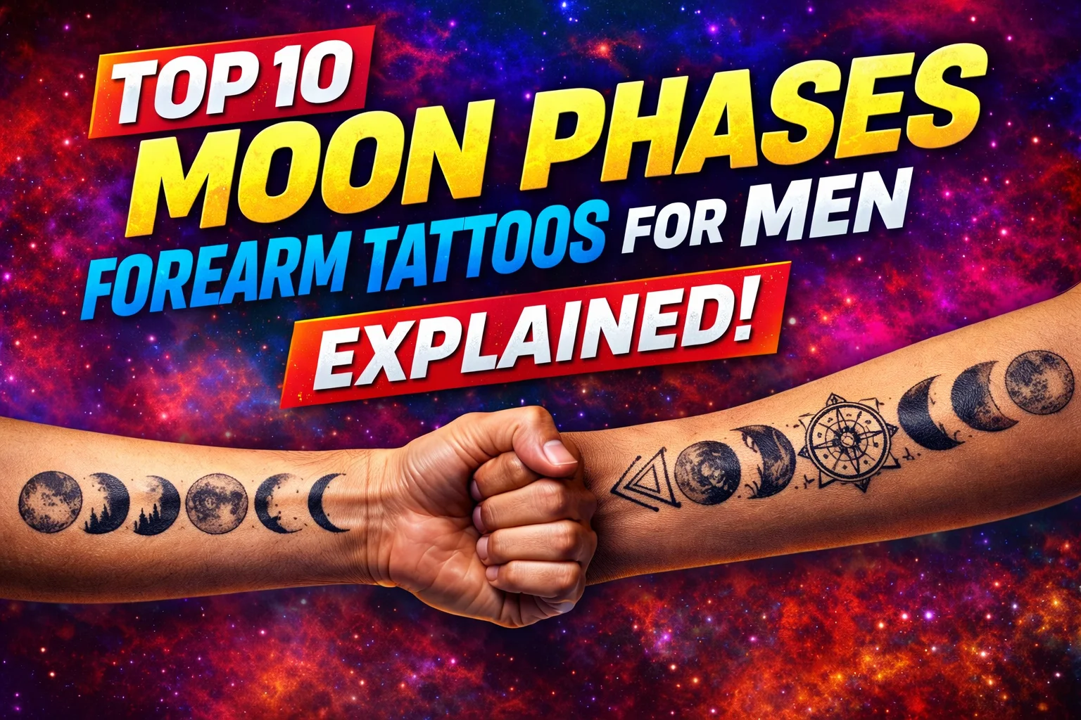 Promotional thumbnail image featuring two horizontal moon phases forearm tattoos for men with bold modern typography and contrasting background