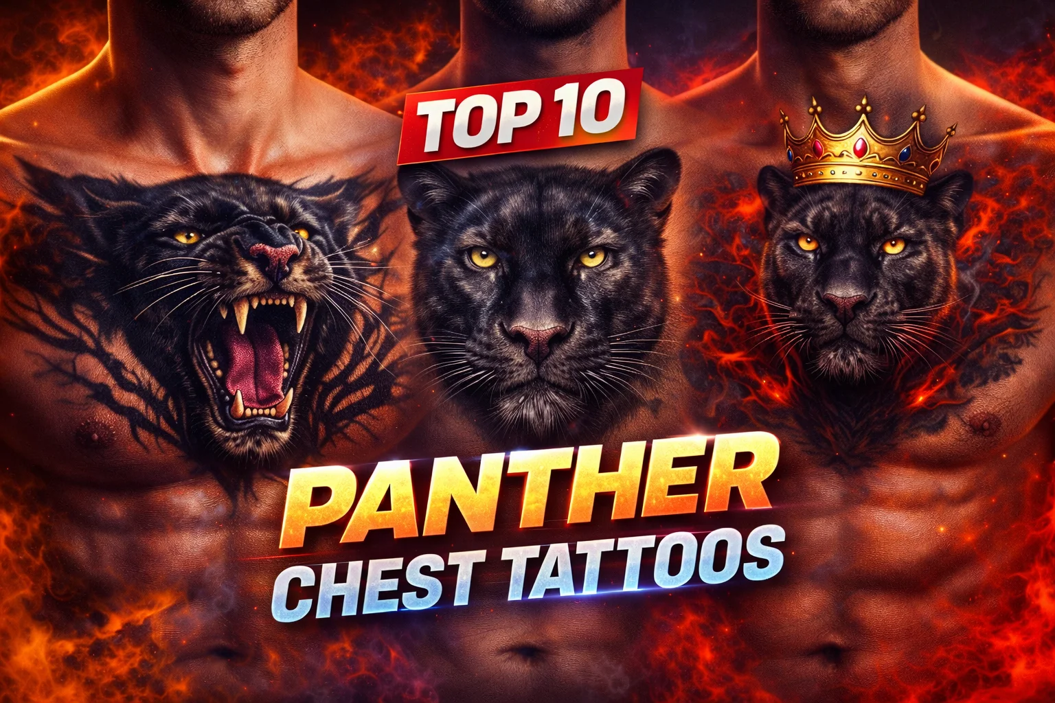 collage of bold panther chest tattoo designs with large title text