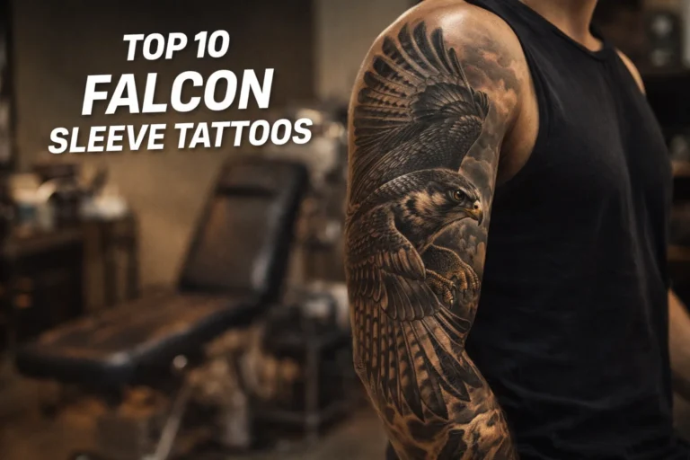 realistic falcon full sleeve tattoo on male arm in tattoo studio