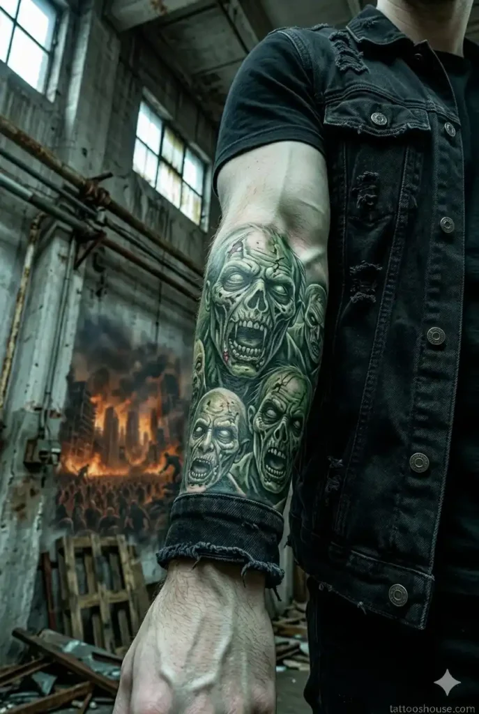 Classic Romero zombie sleeve tattoo on muscular pale arm with green gray colors, low angle shot, industrial setting by tattooshouse.com"