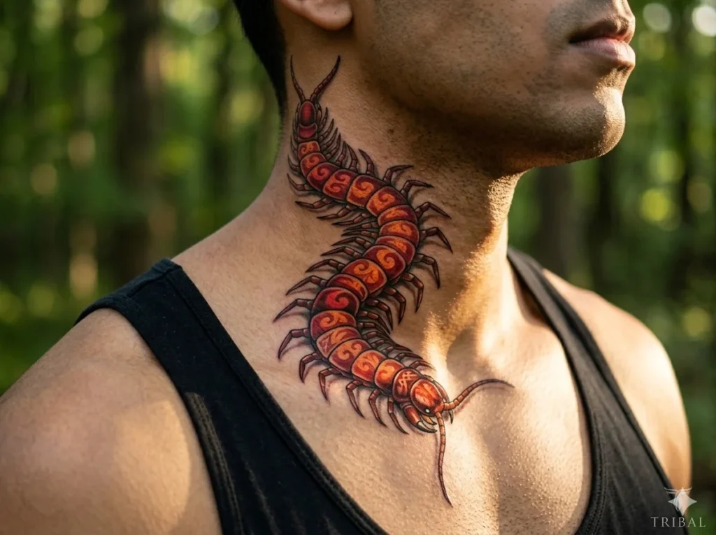 red colored Centipede Tattoos for Men