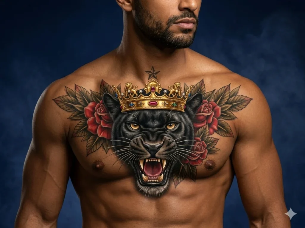 black panther head with golden crown tattoo on male chest