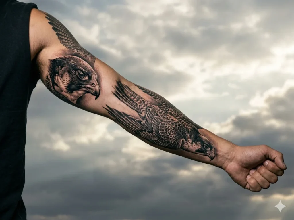 falcon diving sleeve tattoo on male forearm