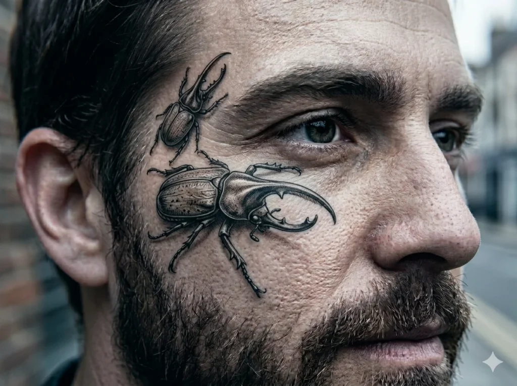 two small Hercules beetle tattoos crawling near the outer eye corner toward the temple on olive skin tone male face