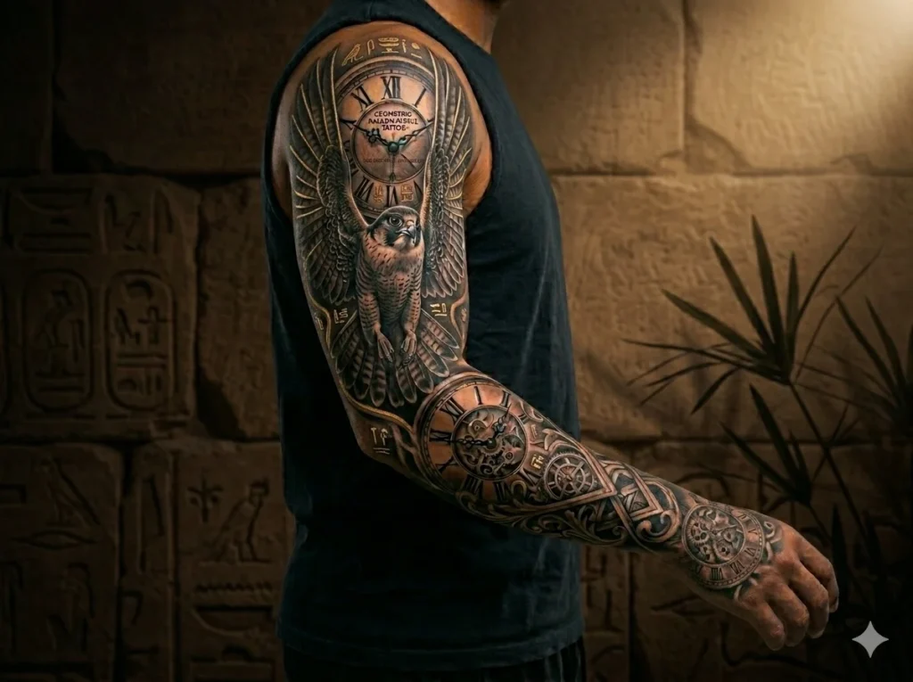 Egyptian style falcon half sleeve tattoo on male arm