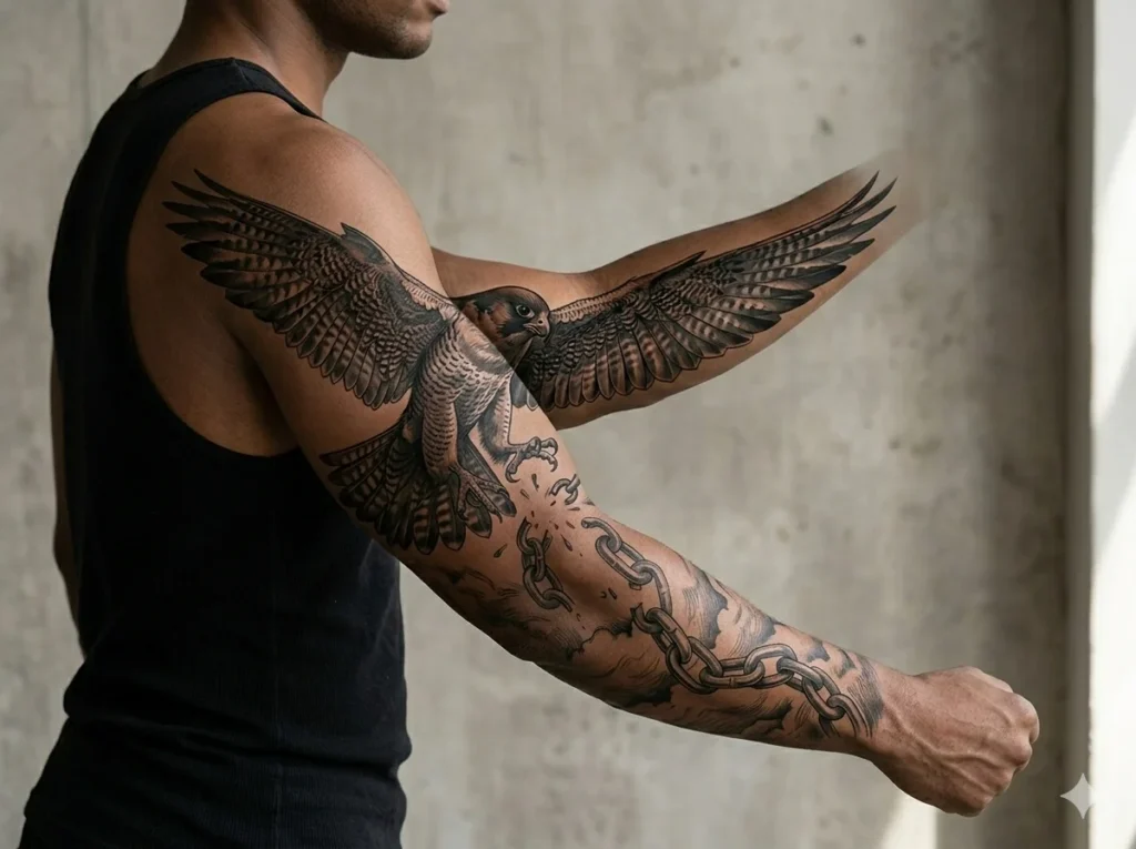 falcon breaking chains sleeve tattoo design