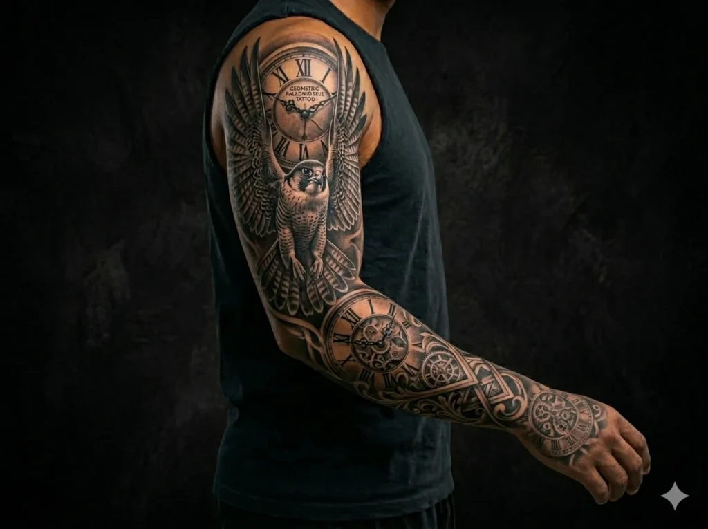 falcon sleeve tattoo with clock background