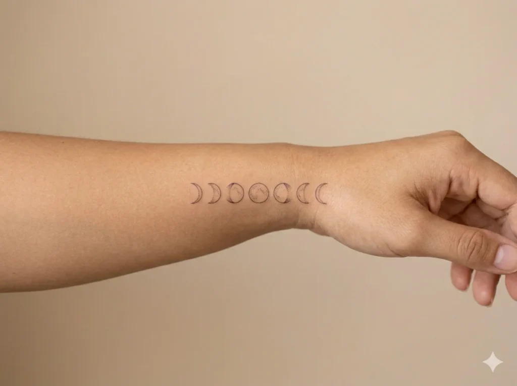 Minimal fine line moon phases tattoo placed horizontally near wrist side of forearm