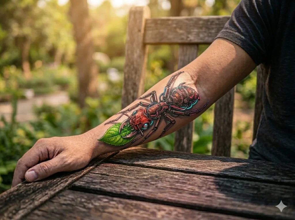 realistic fire ant carrying a green leaf tattoo on the forearm of a man with warm tan skin tone symbolizing hard work and perseverance