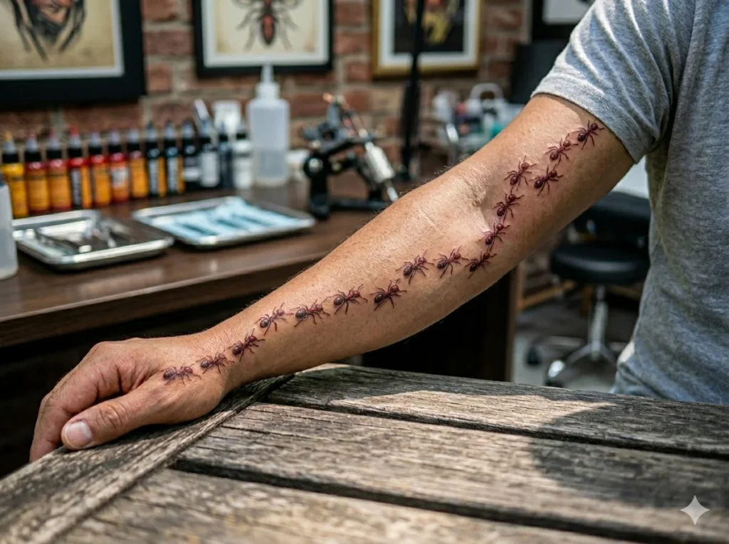 multiple small fire ant tattoos walking in a line along the forearm of a man with light tan skin tone representing teamwork and colony behavior