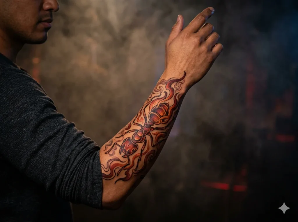 creative fire ant tattoo surrounded by flame effects on the lower forearm of a man with medium skin tone featuring fiery red and orange tattoo colors